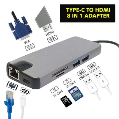 Adaptador USB Tipo C 8 en 1, Hdmi 4K Usb 3.0 USBC RJ45 SD/TF