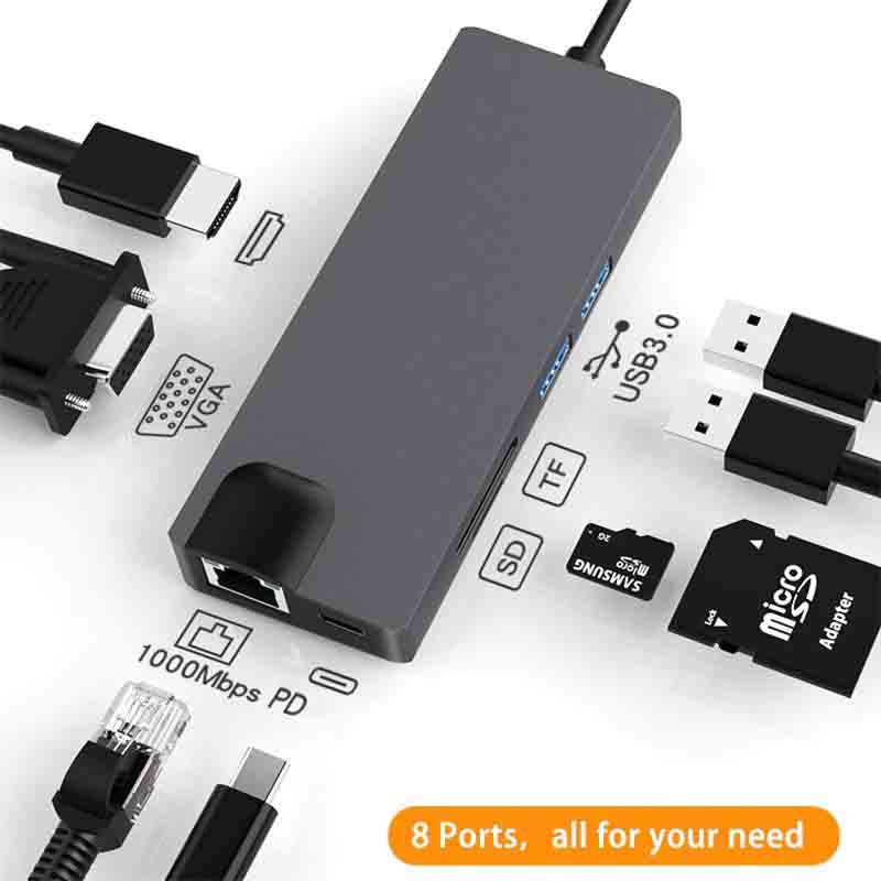 USB-C Multiport Adapter 8 in 1, HDMI 4K, VGA, HDTV, USB 3.0, lecteur SD/TF